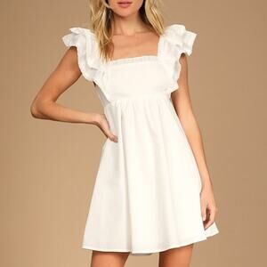 Lulus NWOT Marvelous Time White Ruffled Open Back Empire A-Line Mini Dress Small